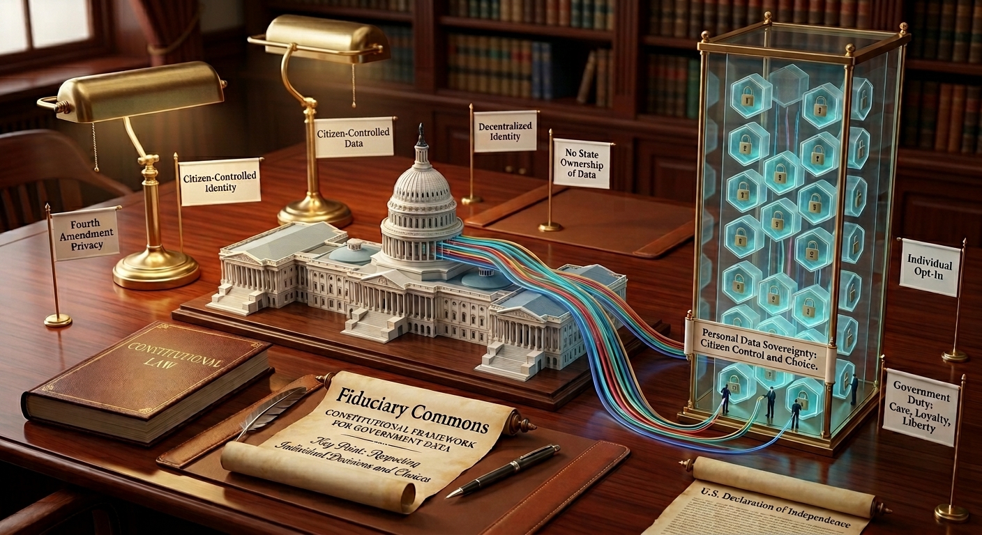 A desk scene depicting the Fiduciary Commons framework: a Capitol building model with data streams flowing toward individually locked citizen data compartments in a glass tower, surrounded by constitutional documents and banners reading Fourth Amendment Privacy, Citizen-Controlled Identity, Citizen-Controlled Data, Decentralized Identity, No State Ownership of Data, Individual Opt-In, and Government Duty: Care, Loyalty, Liberty.